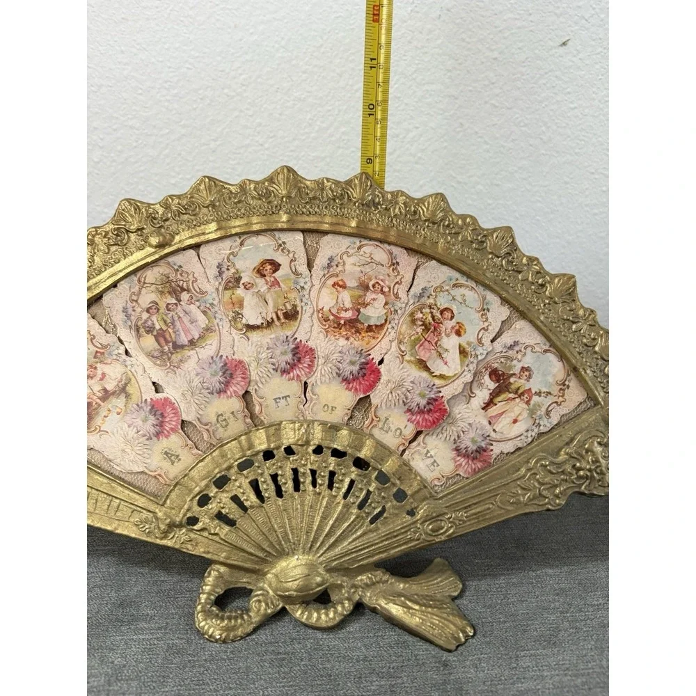 Antique Brass Fan Picture Frame With Felt Lined Stand, Art Nouveau Vanity Frame